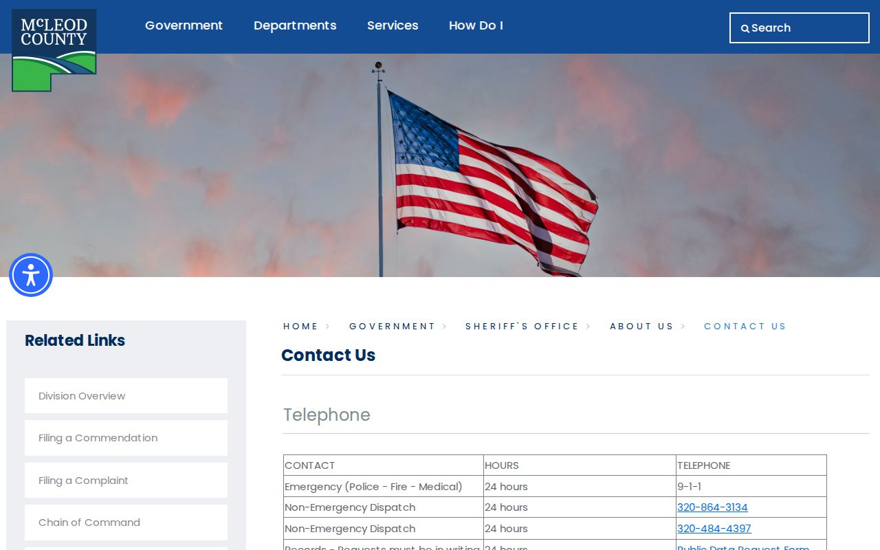 McLeod County warrant search: sheriff contact page listing dispatch, records, jail, and lobby hours