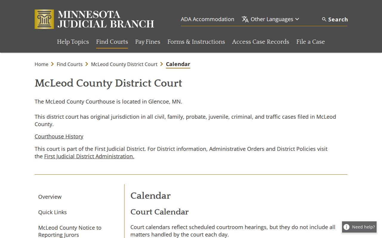 McLeod County active warrants: district court calendar page with its posting disclaimer and search interface