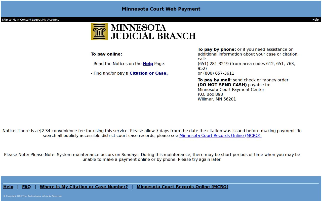 McLeod County traffic warrant: Minnesota Court Payment Center fine and citation payment entry page
