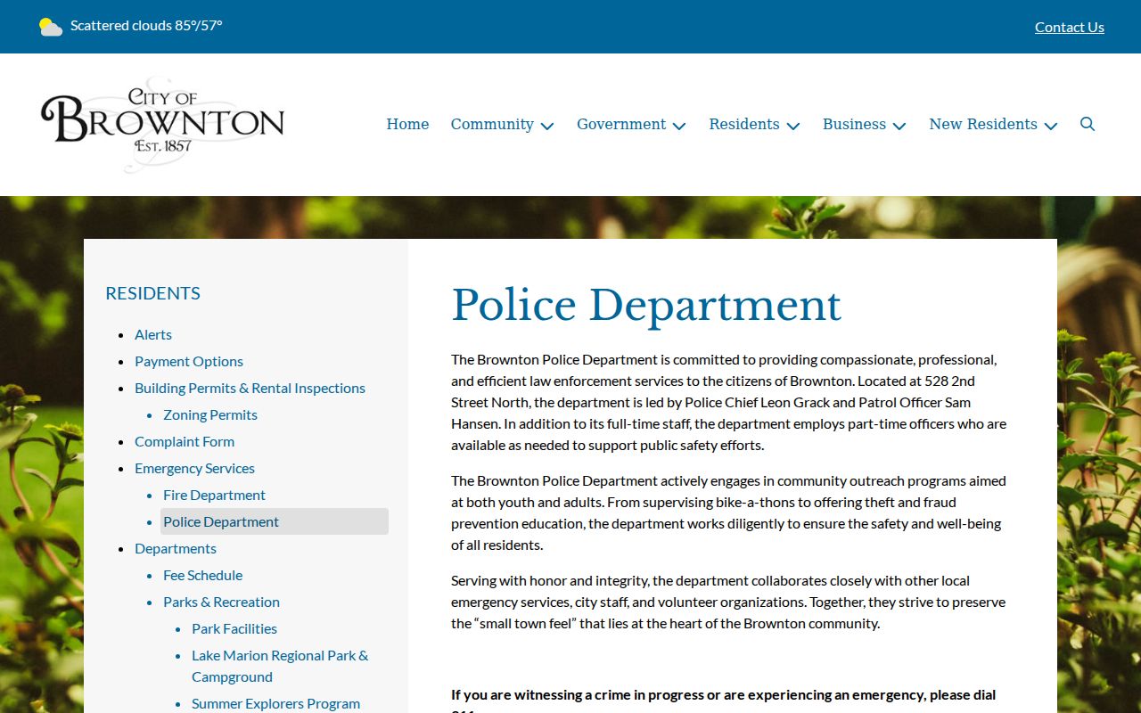 Brownton warrant records: Brownton Police Department page with station address and contact block