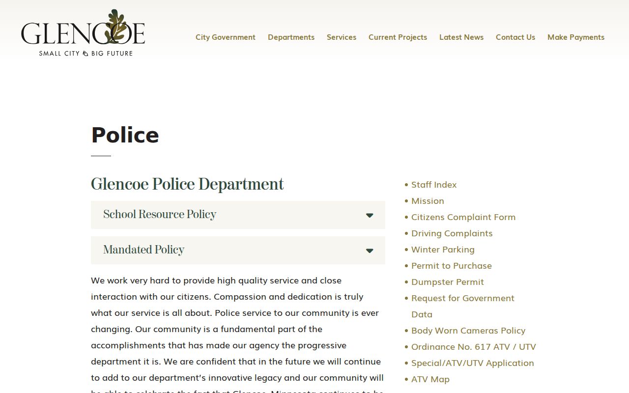 Glencoe warrant records: Glencoe police department page with station address and public policy links