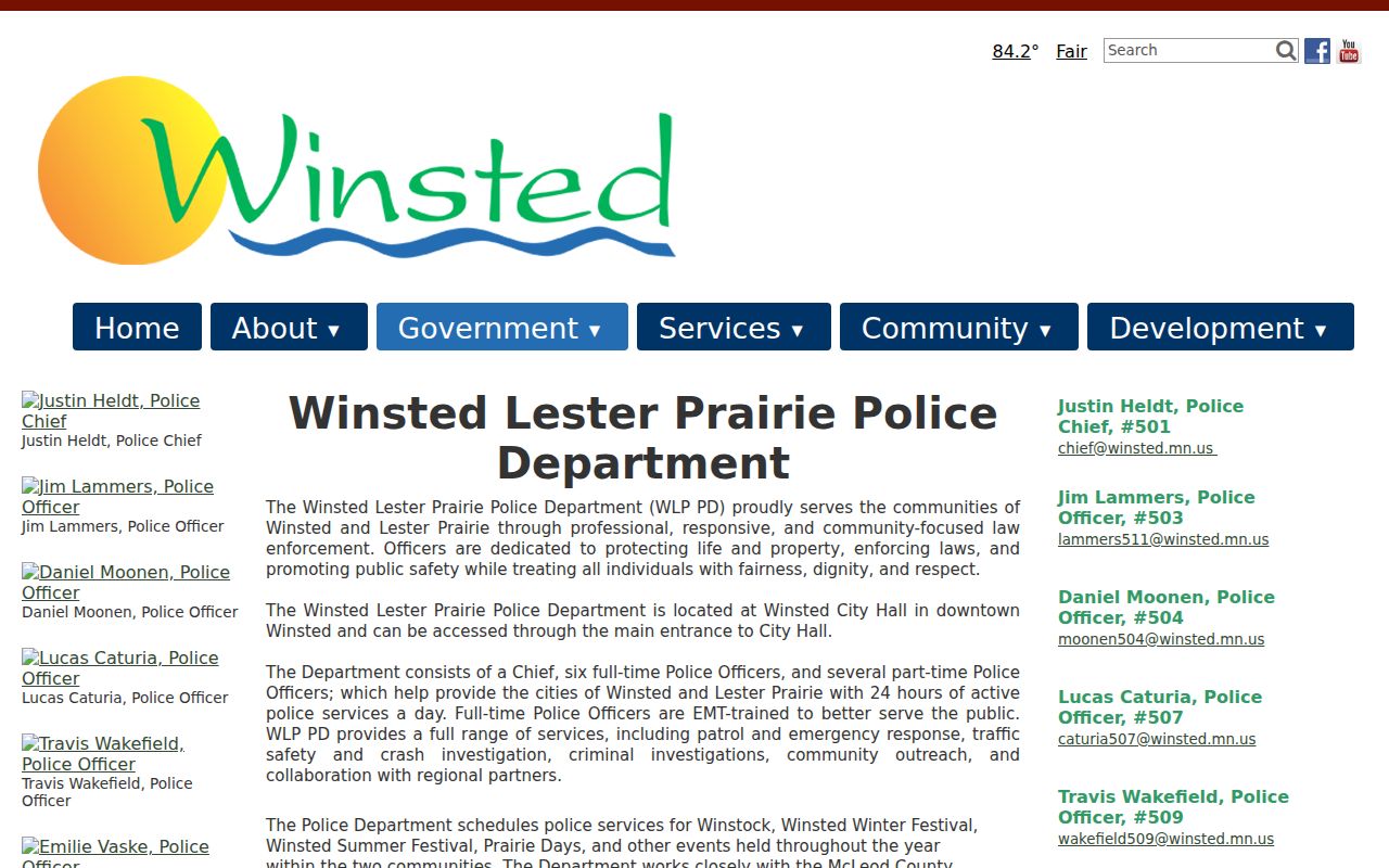Winsted warrant records: shared Winsted-Lester Prairie police page with city hall location and service area