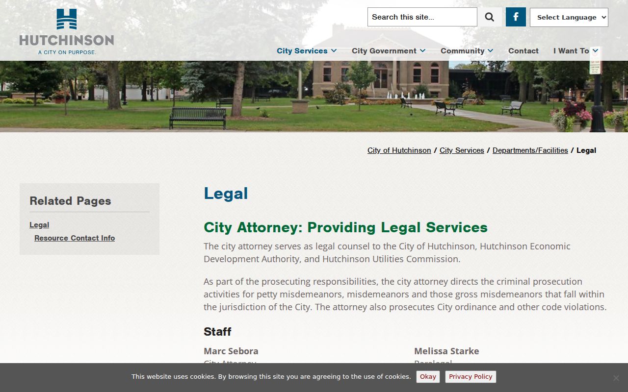 Hutchinson warrant records: city prosecution and legal department page describing ordinance and misdemeanor cases