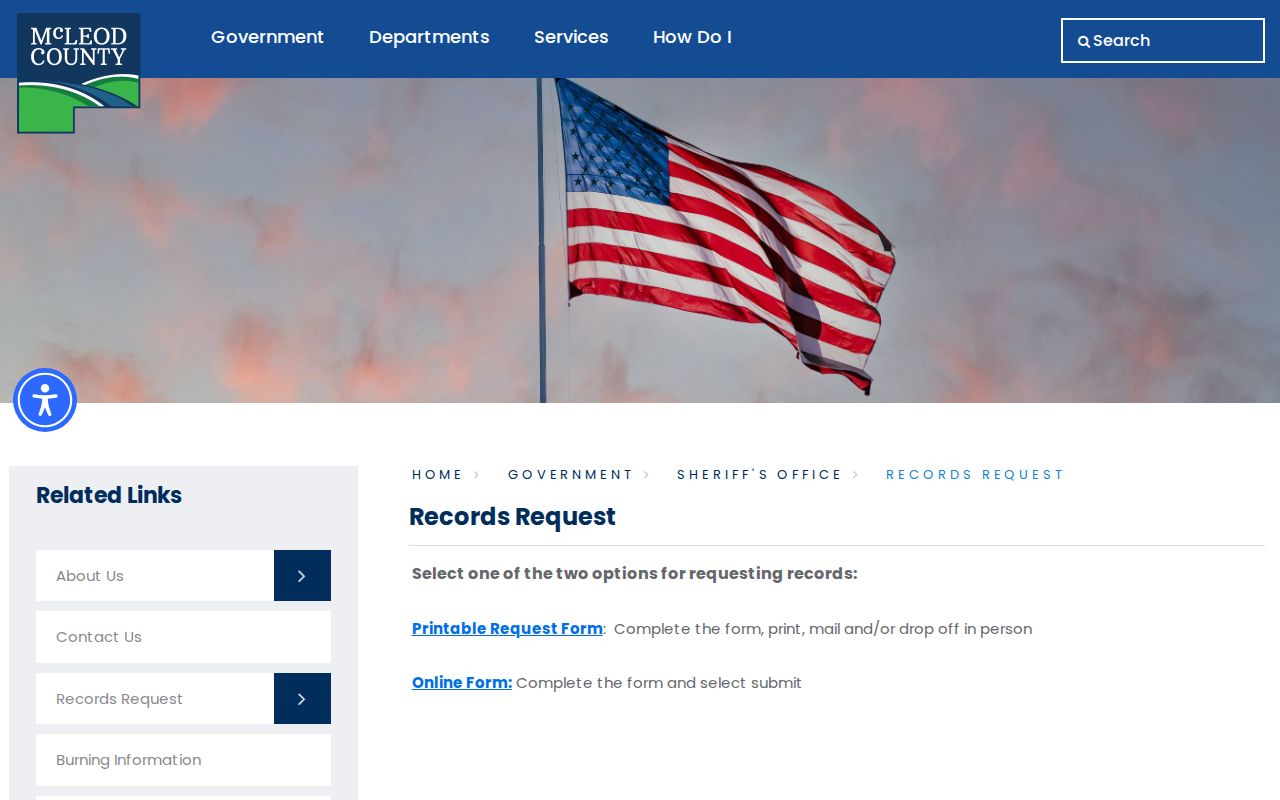 McLeod County warrant records: sheriff records request page listing printable and online request options